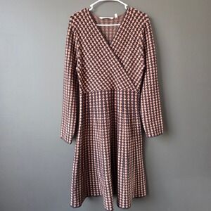 Soft Surroundings Aida Faux Wrap Knit Dress Houndstooth Long Sleeve Midi Medium